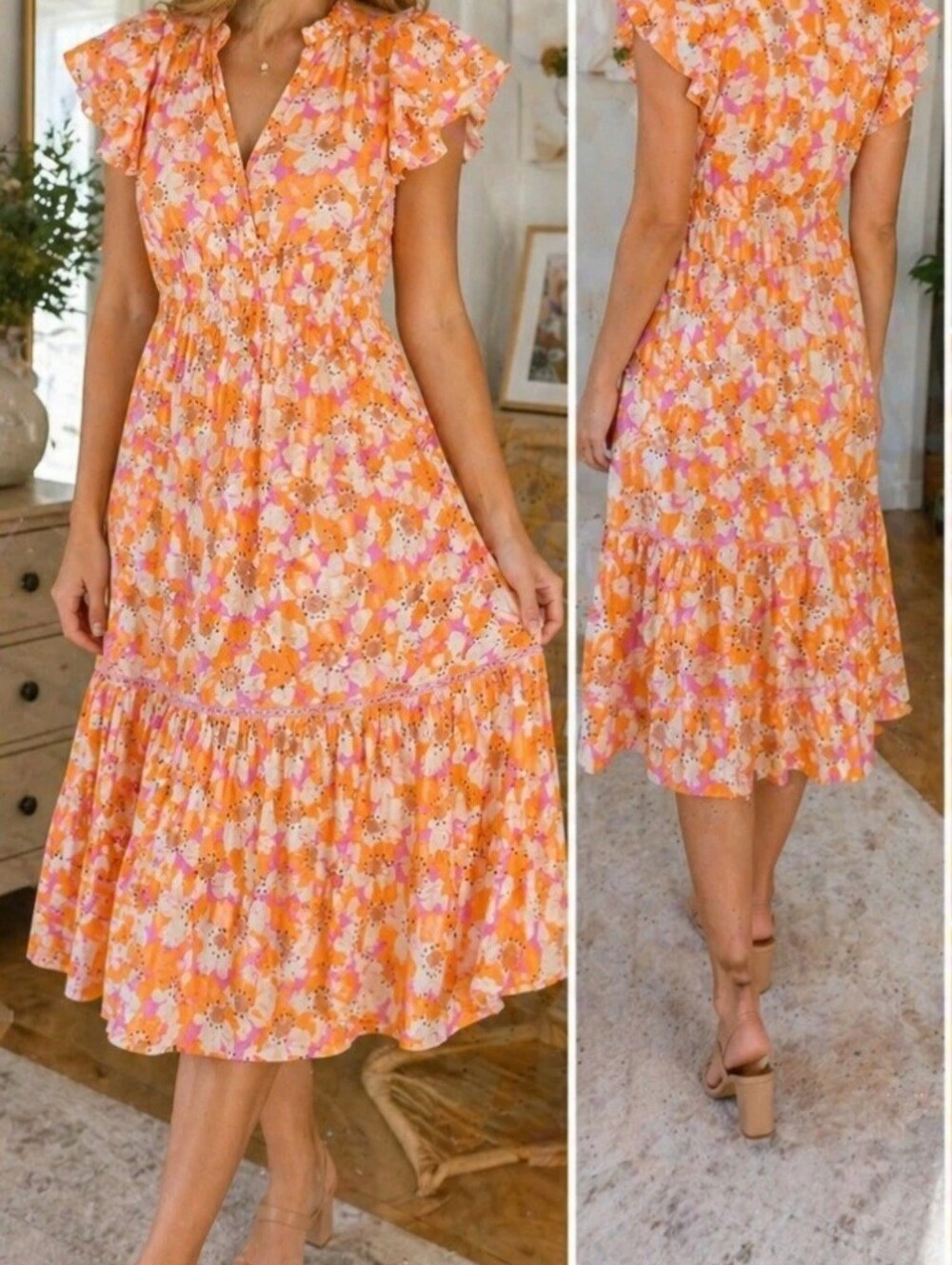 NWOT Olivia James The Label Floral Midi Dress Ruffle Sleeve Boho Cottagecore Org